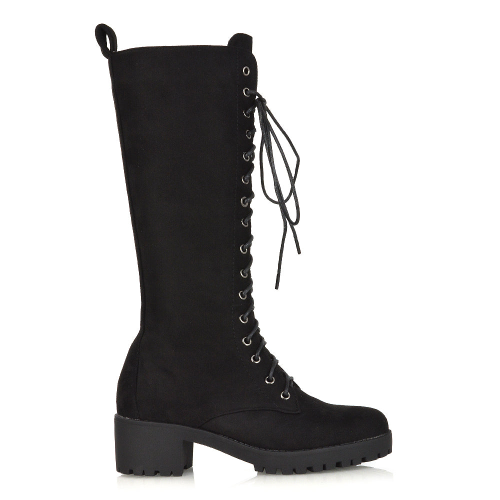 Aspen Lace Up Block High Heel Knee High Biker Boots In Black Faux Suede