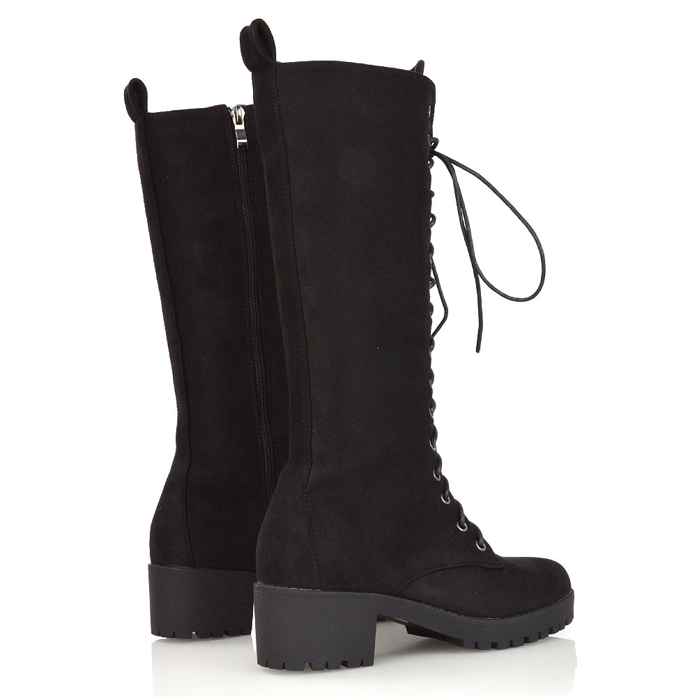 Aspen Lace Up Block High Heel Knee High Biker Boots In Black Synthetic Leather