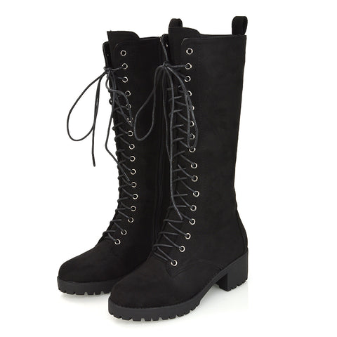 Aspen Lace Up Block High Heel Knee High Biker Boots In Black Synthetic Leather