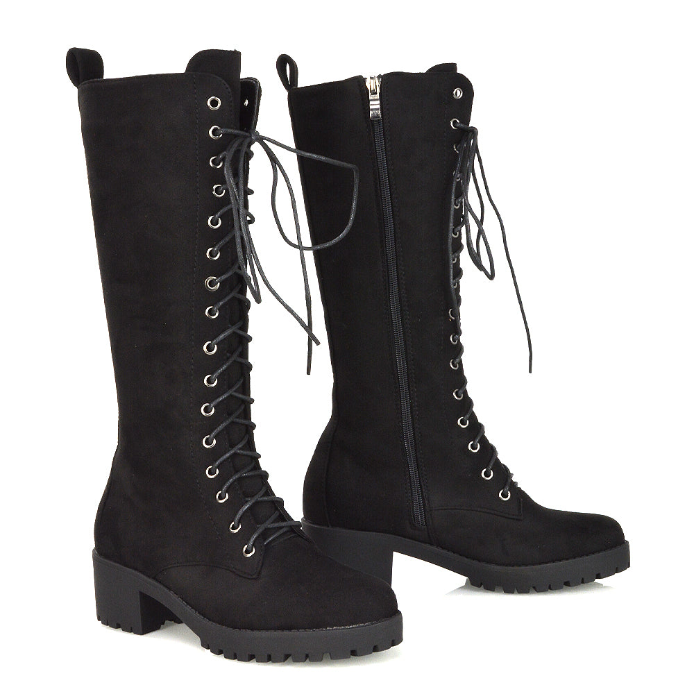 Aspen Lace Up Block High Heel Knee High Biker Boots In Black Synthetic Leather