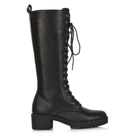 Aspen Lace Up Block High Heel Knee High Biker Boots In Black Synthetic Leather