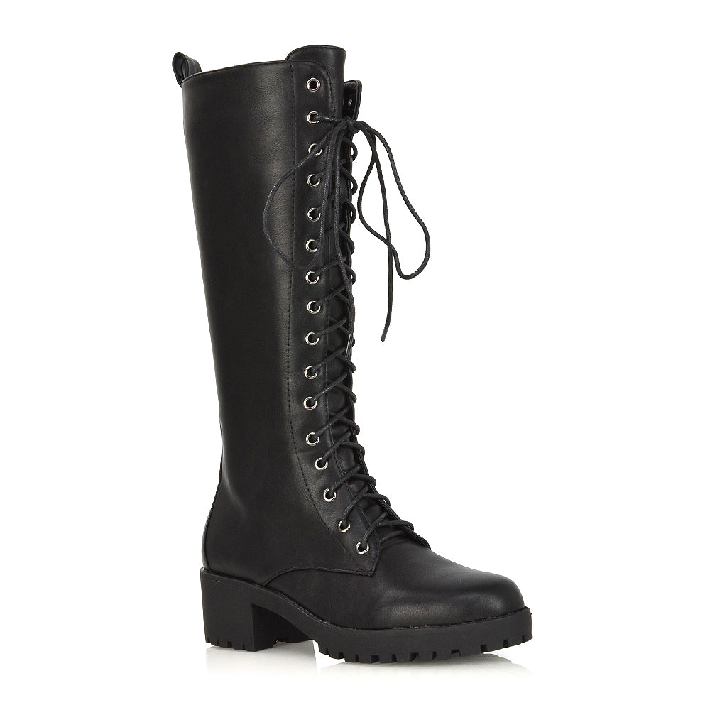 Aspen Lace Up Block High Heel Knee High Biker Boots In Black Synthetic Leather