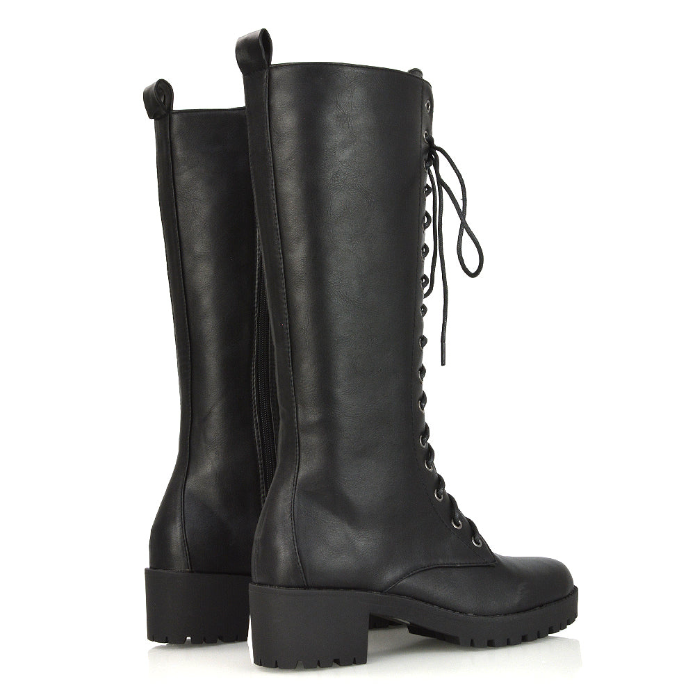 Aspen Lace Up Block High Heel Knee High Biker Boots In Black Faux Suede