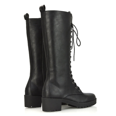 Aspen Lace Up Block High Heel Knee High Biker Boots In Black Synthetic Leather