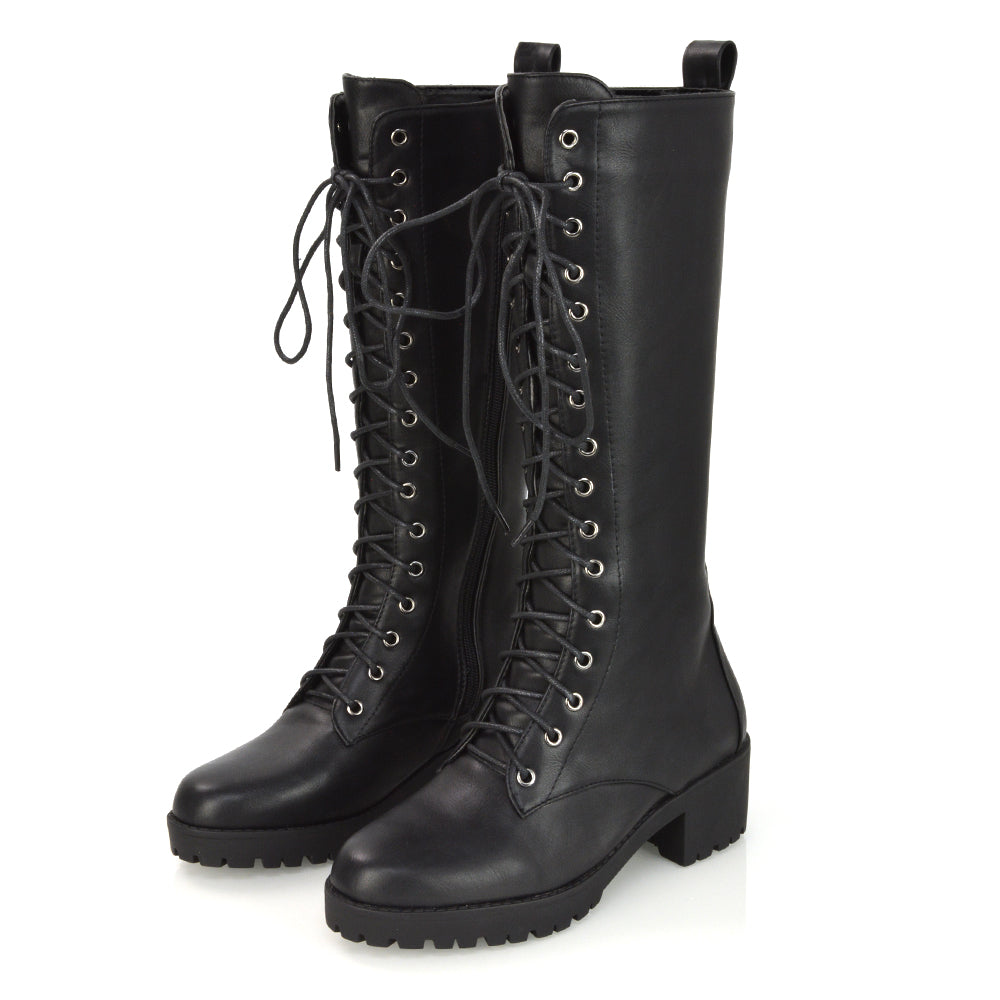 Aspen Lace Up Block High Heel Knee High Biker Boots In Black Synthetic Leather