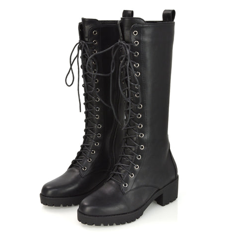 Aspen Lace Up Block High Heel Knee High Biker Boots In Black Faux Suede