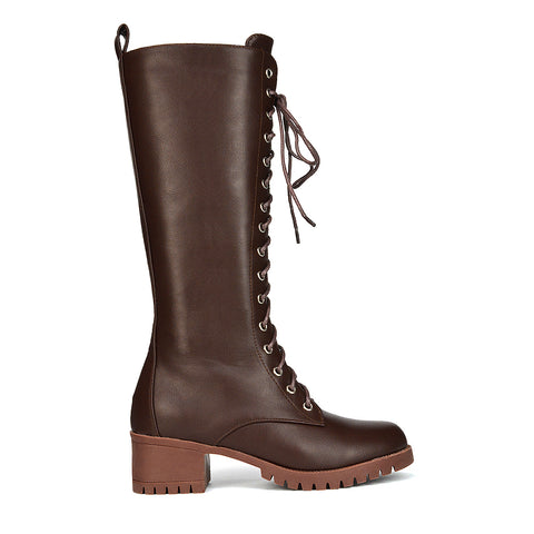 Aspen Lace Up Block High Heel Knee High Biker Boots In Brown Synthetic Leather