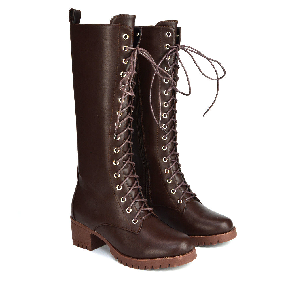 Aspen Lace Up Block High Heel Knee High Biker Boots In Brown Synthetic Leather