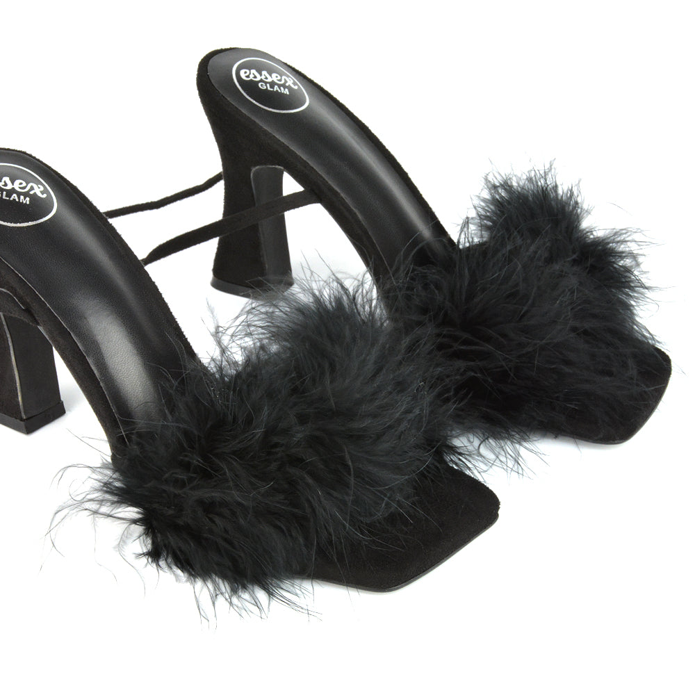 Black fluffy heels hotsell