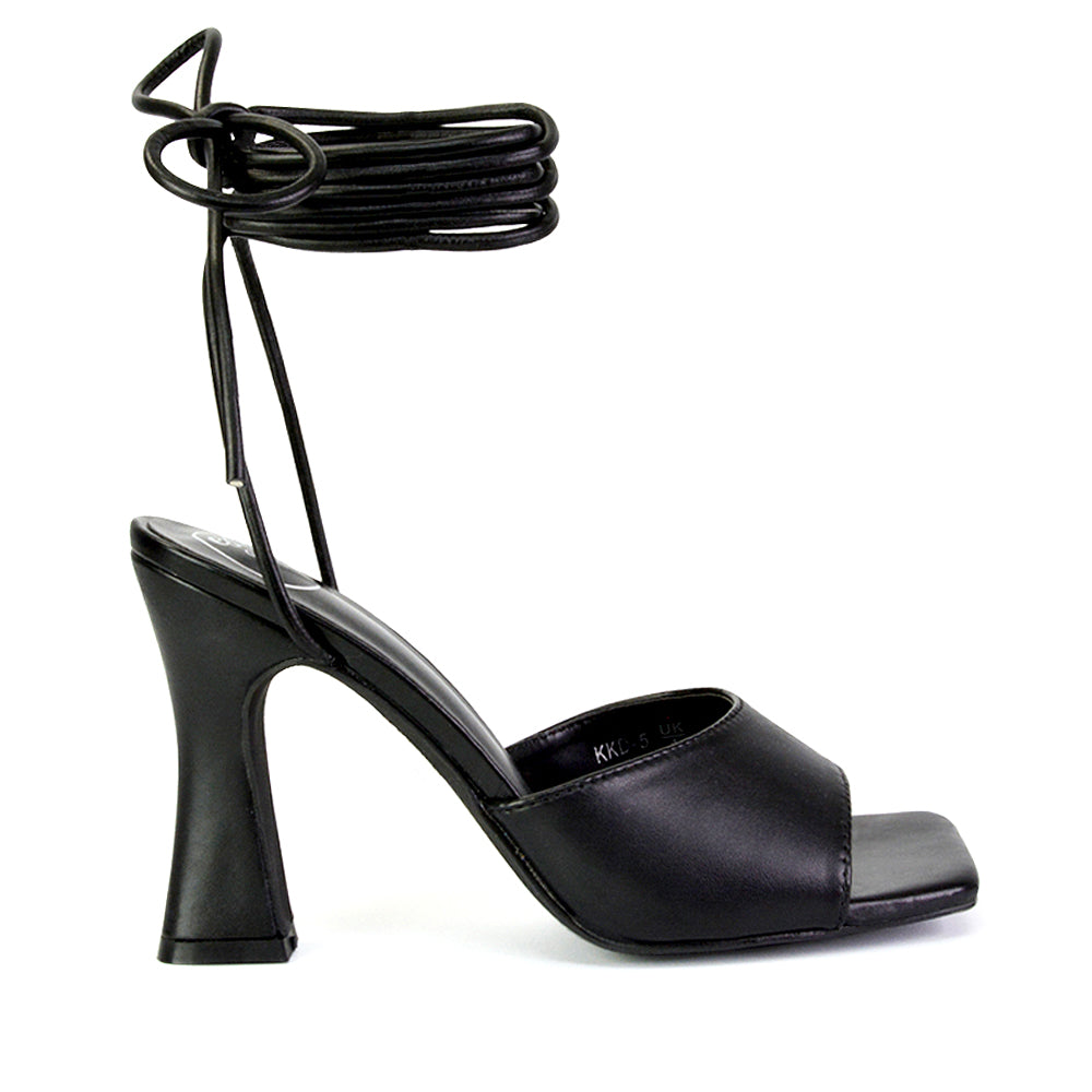 Flora Strappy Lace Up Block High Heels With a Square Toe in Black