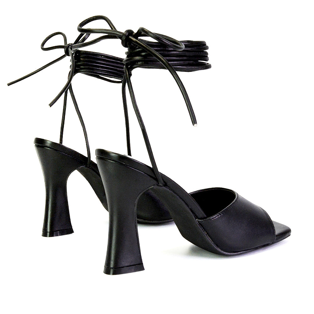 Flora Strappy Lace Up Block High Heels With a Square Toe in Green