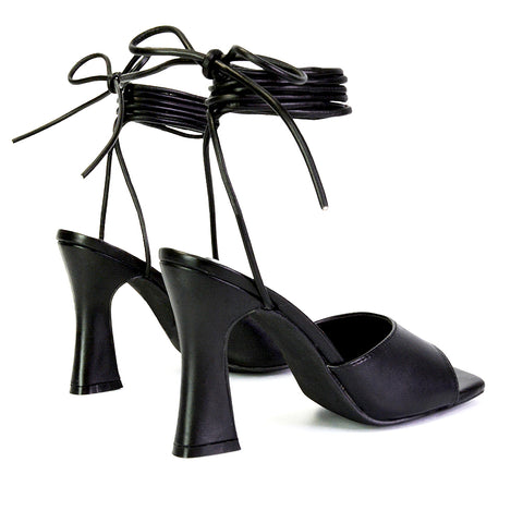 Flora Strappy Lace Up Block High Heels With a Square Toe in Black