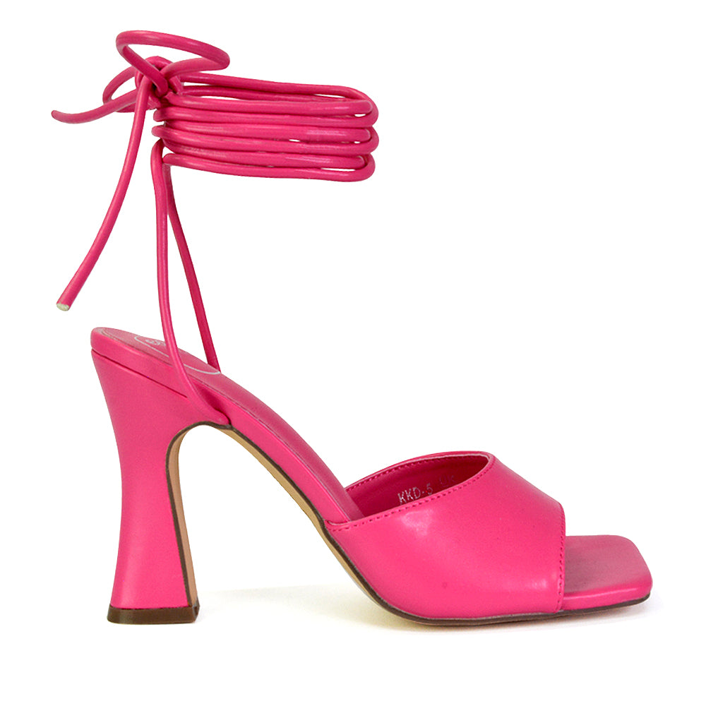 Flora Strappy Lace Up Block High Heels With a Square Toe in Hot Pink