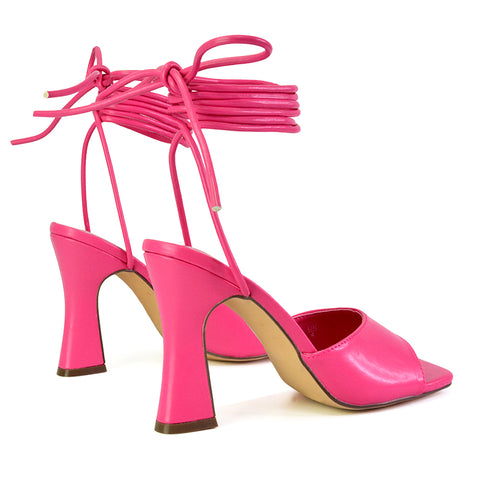 Flora Strappy Lace Up Block High Heels With a Square Toe in Hot Pink