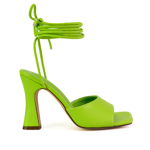 Flora Strappy Lace Up Block High Heels With a Square Toe in Green