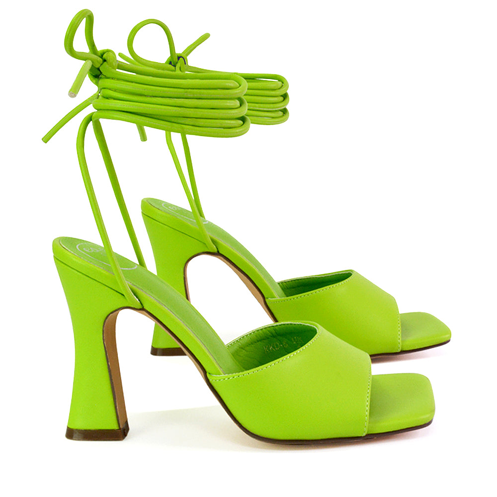 Flora Strappy Lace Up Block High Heels With a Square Toe in Green