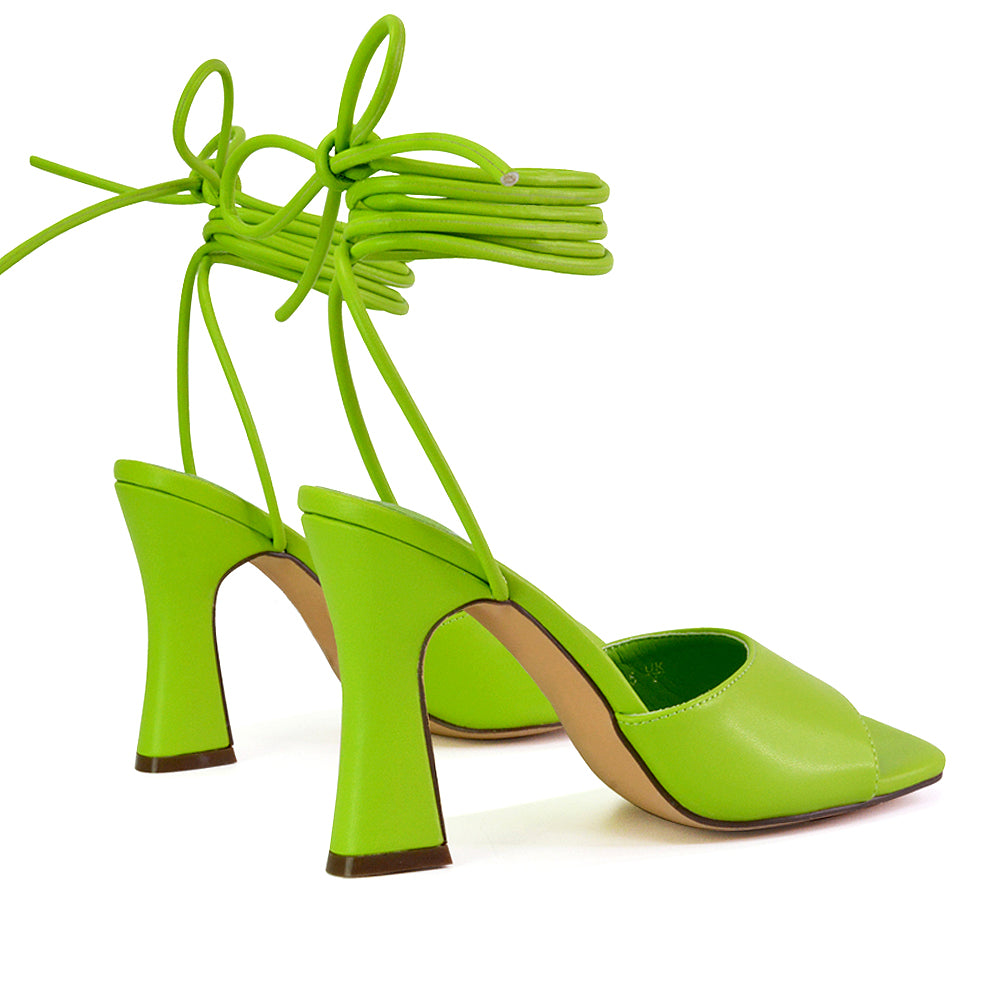 Flora Strappy Lace Up Block High Heels With a Square Toe in Green