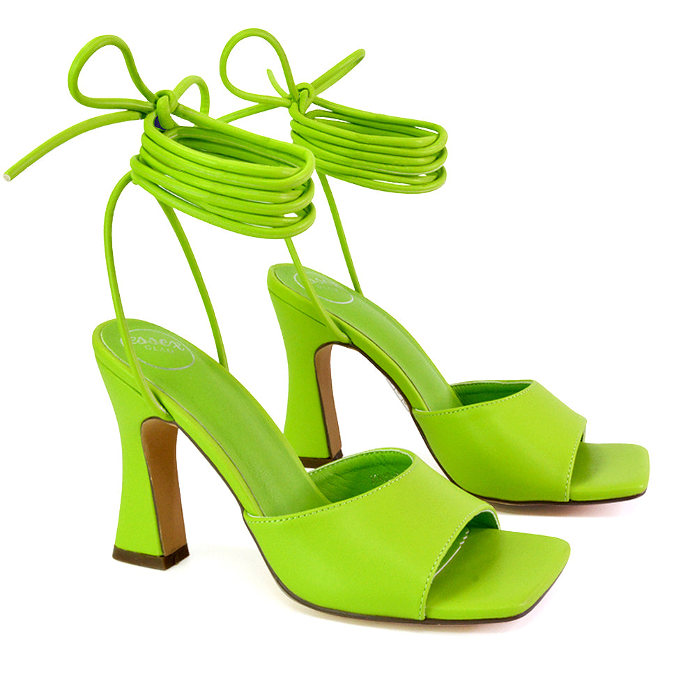 Flora Strappy Lace Up Block High Heels With a Square Toe in Green