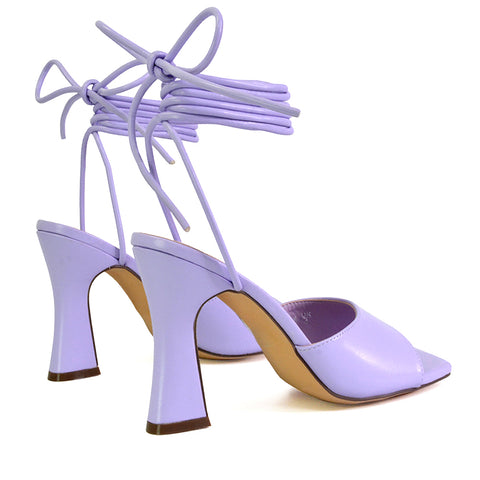 Flora Strappy Lace Up Block High Heels With a Square Toe in Lilac