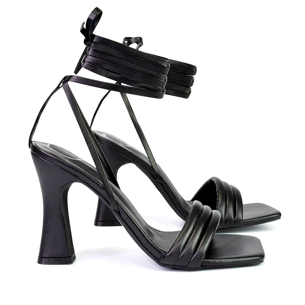 Zeta Lace Up Strappy  Mid Block High Heel Sandals With a Square Toe in Green