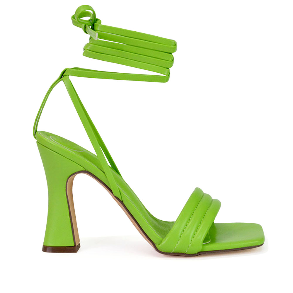 Zeta Lace Up Strappy  Mid Block High Heel Sandals With a Square Toe in Green