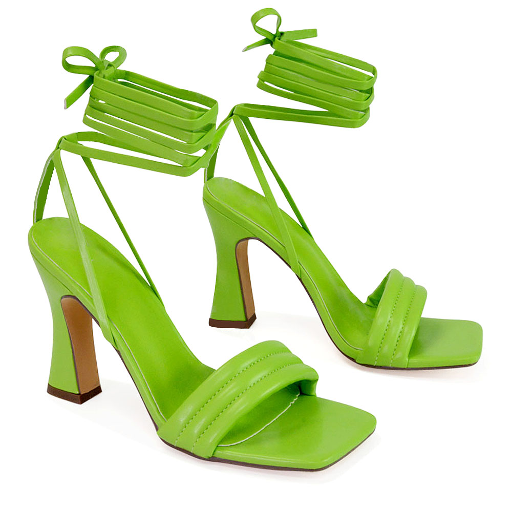 Zeta Lace Up Strappy  Mid Block High Heel Sandals With a Square Toe in Green