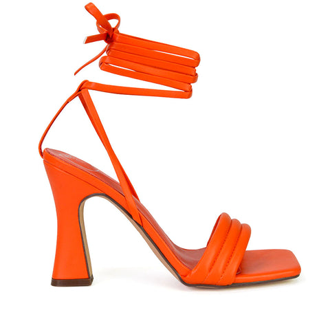 Zeta Lace Up Strappy  Mid Block High Heel Sandals With a Square Toe in Orange
