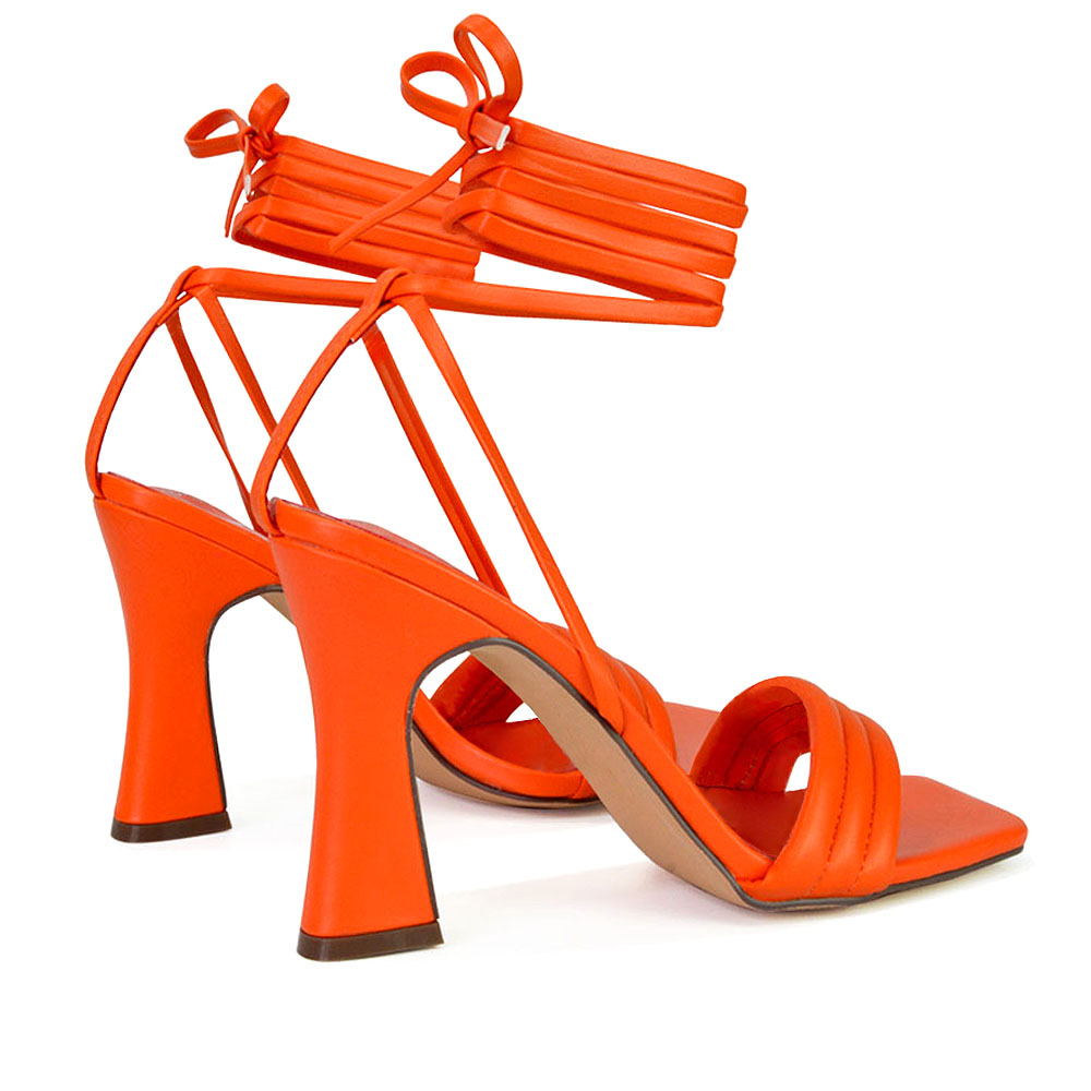 Zeta Lace Up Strappy  Mid Block High Heel Sandals With a Square Toe in Orange