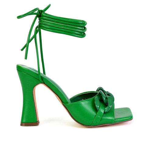 Rhegan Lace Up Chain Detail Square Toe Block High Heel Sandals in Green