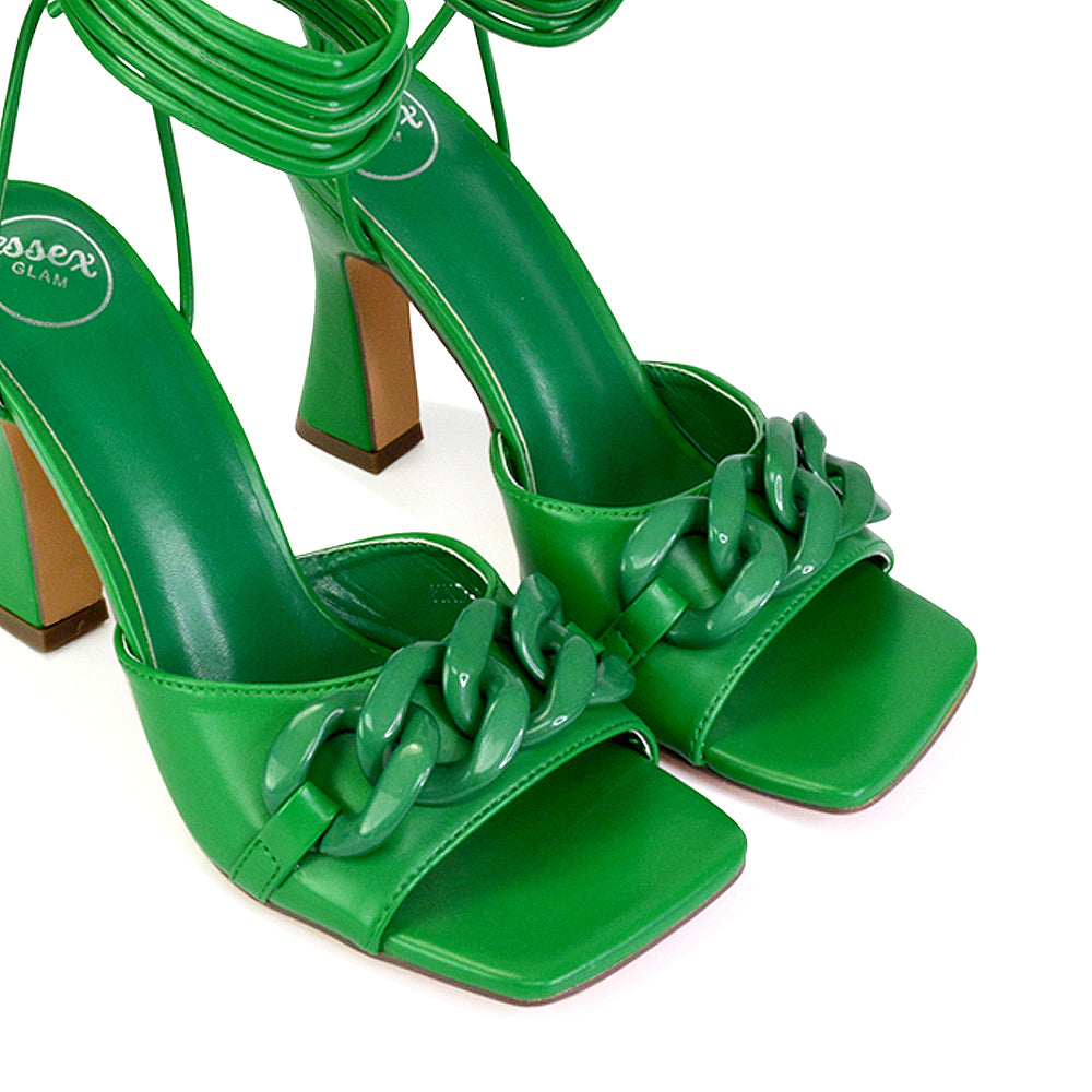 Rhegan Lace Up Chain Detail Square Toe Block High Heel Sandals in Green