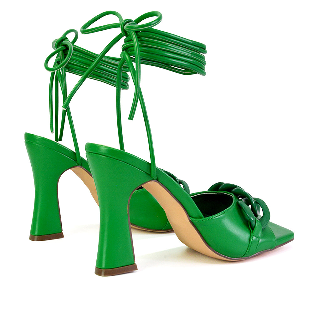 Rhegan Lace Up Chain Detail Square Toe Block High Heel Sandals in Green
