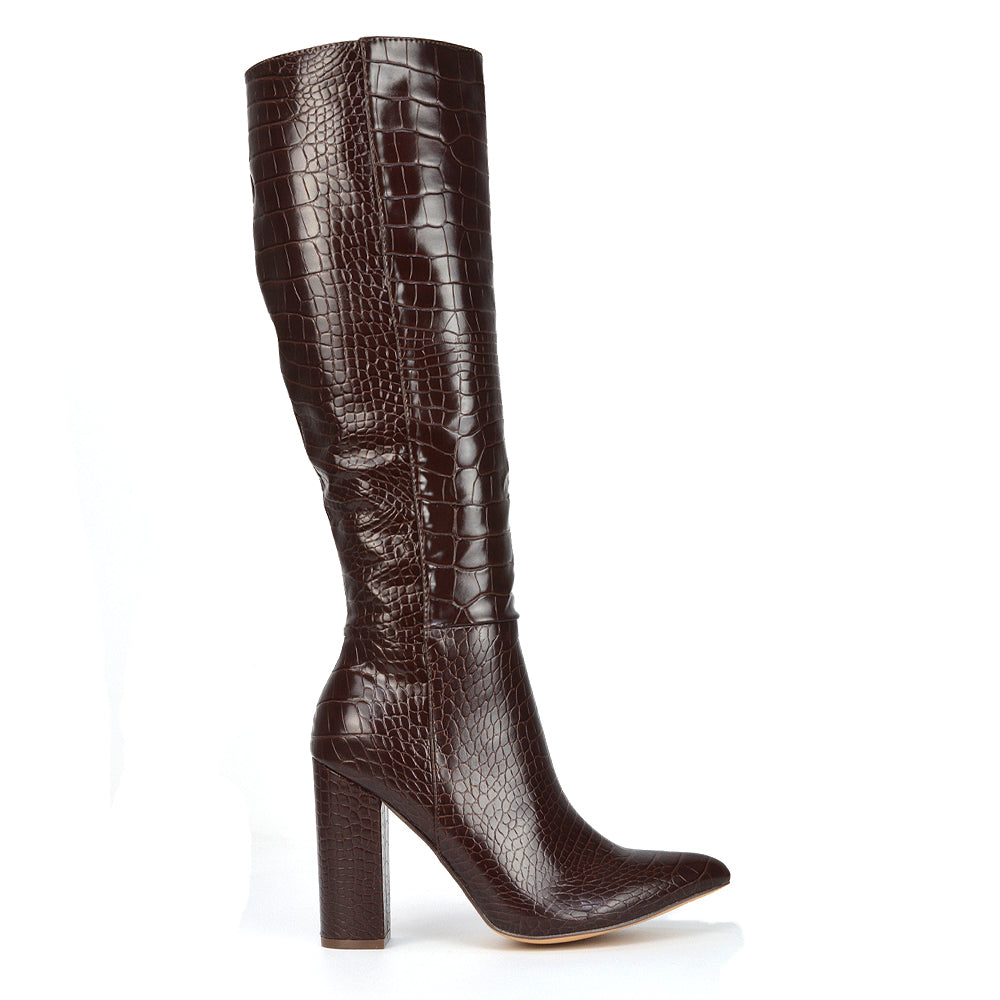 Brown knee high heeled boots uk best sale