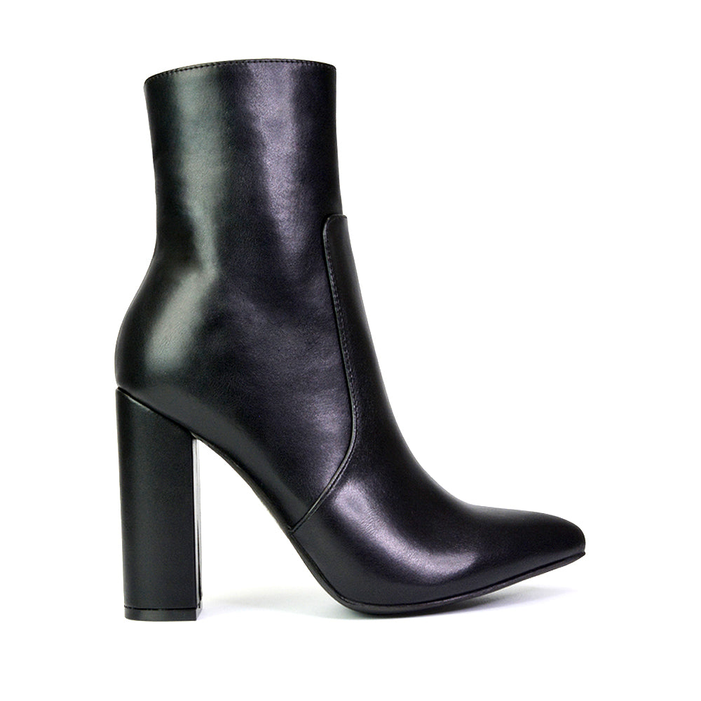 Sugar Block High Heel Zip-Up Heeled Ankle Boots With a Pointed Toe in Black Croc
