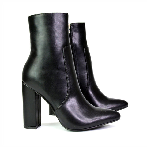 Sugar Block High Heel Zip-Up Heeled Ankle Boots With a Pointed Toe in Black Synthetic Leather