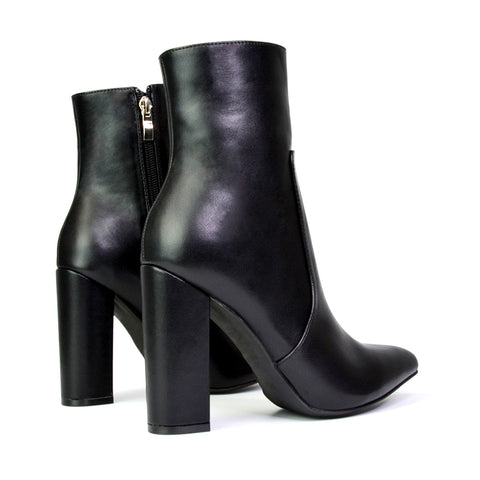 Sugar Block High Heel Zip-Up Heeled Ankle Boots With a Pointed Toe in Black Croc