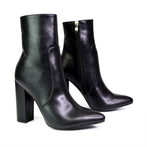 Sugar Block High Heel Zip-Up Heeled Ankle Boots With a Pointed Toe in Black Croc