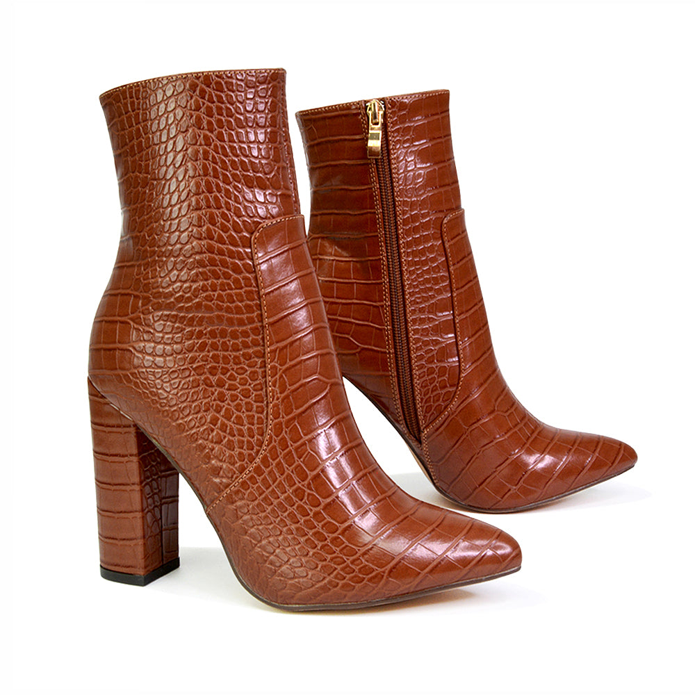 Sugar Block High Heel Zip-Up Heeled Ankle Boots With a Pointed Toe in Brown Croc