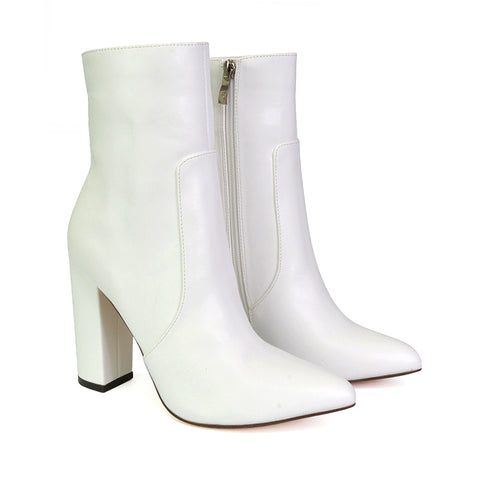 Sugar Block High Heel Zip-Up Heeled Ankle Boots With a Pointed Toe in Silver Metallic