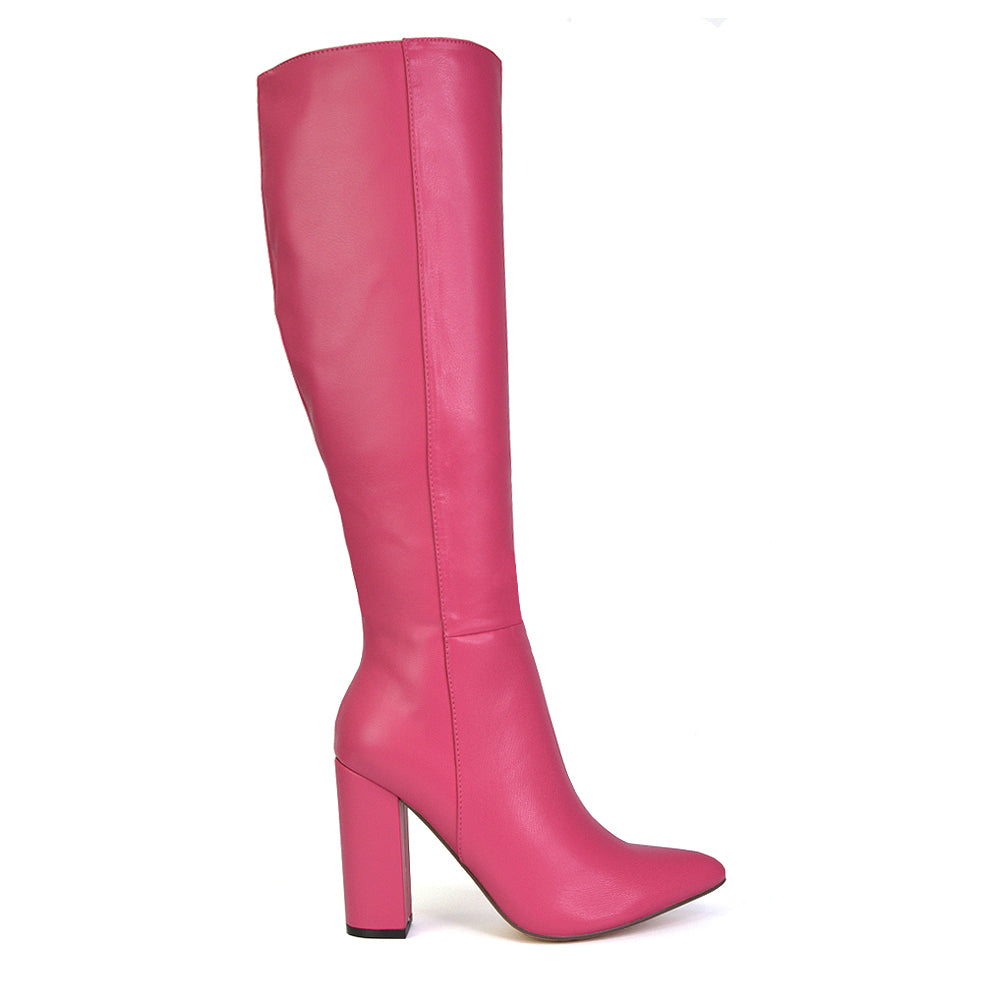 Opal Fuchsia Synthetic Leather Statement Knee High Pointed Toe Block Heeled Long Boots