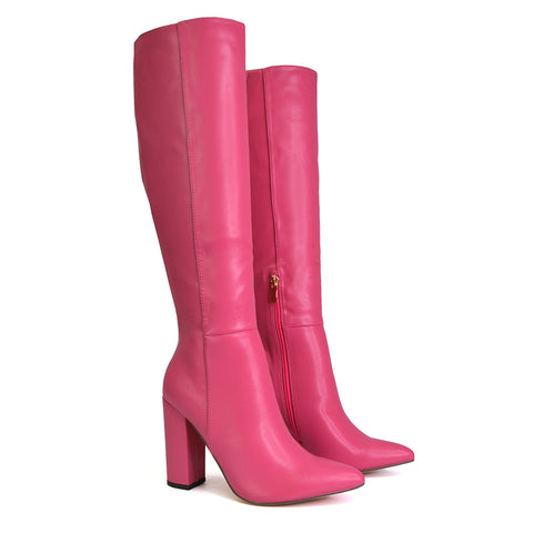 Opal Fuchsia Synthetic Leather Statement Knee High Pointed Toe Block Heeled Long Boots