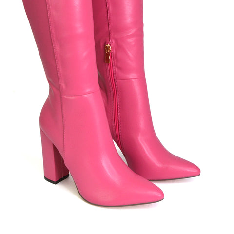 Opal Fuchsia Synthetic Leather Statement Knee High Pointed Toe Block Heeled Long Boots