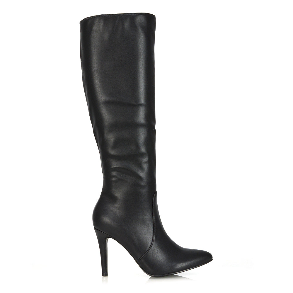 Bree Pointed Toe Zip-up Stiletto Heel Knee High Boots in Black Synthetic Leather