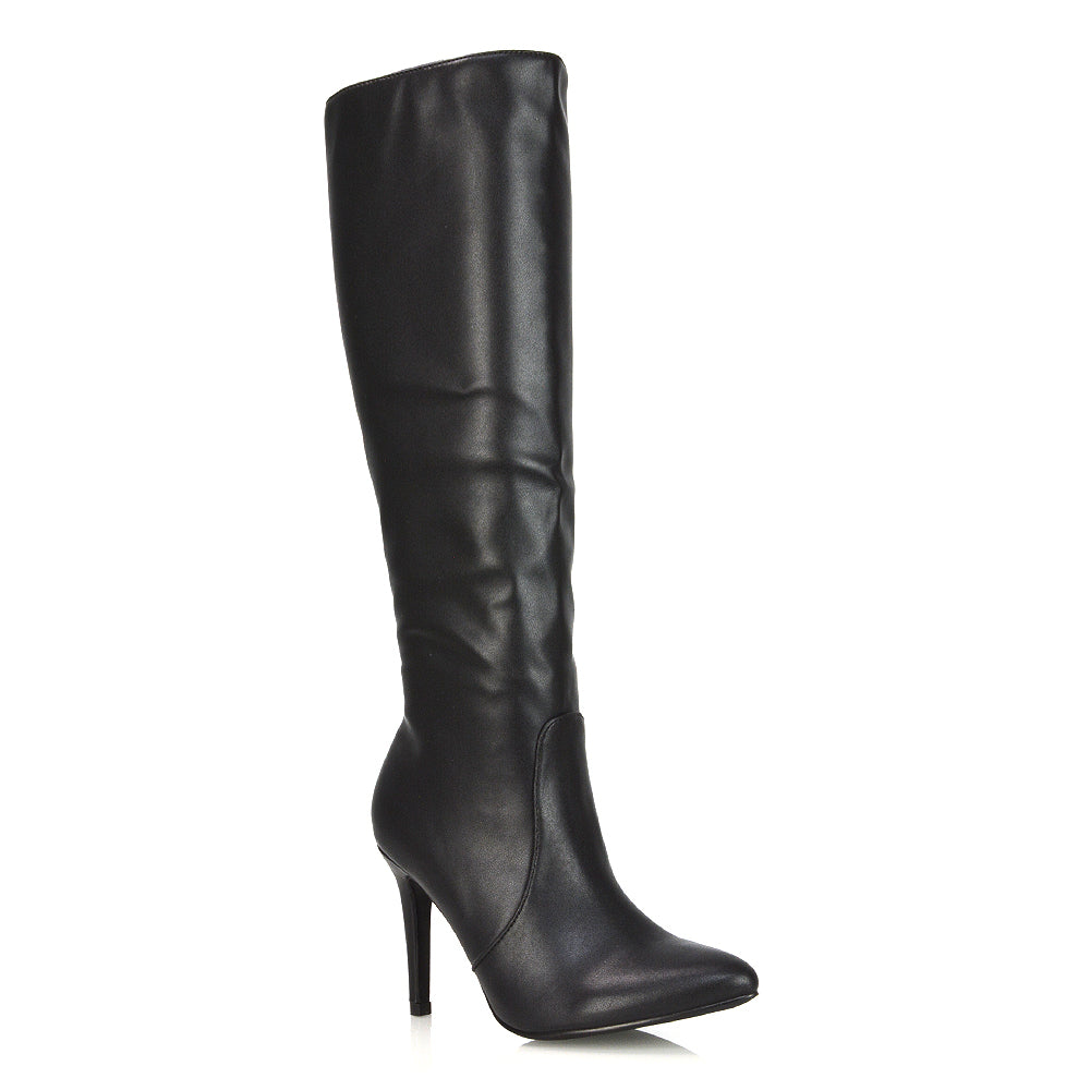 Bree Pointed Toe Zip-up Stiletto Heel Knee High Boots in Black Synthetic Leather
