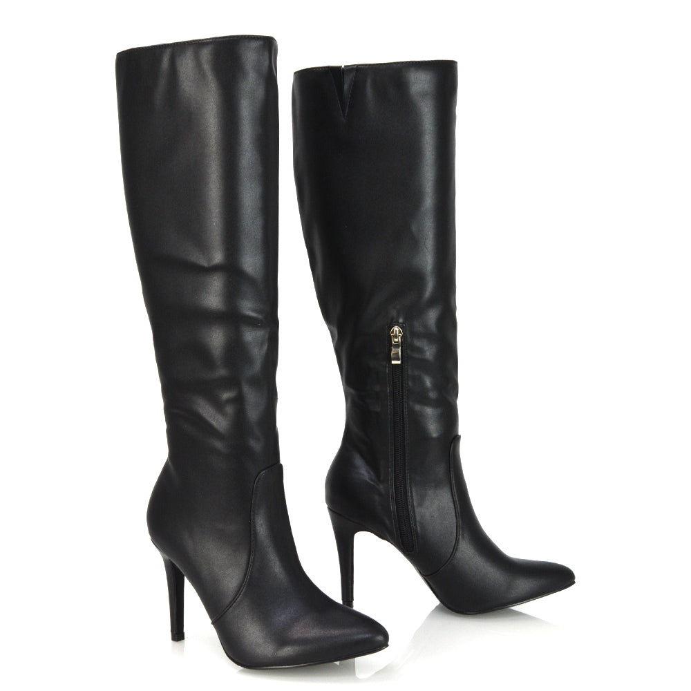 Bree Pointed Toe Zip-up Stiletto Heel Knee High Boots in Black Synthetic Leather