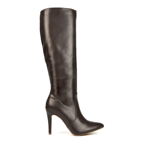 Bree Pointed Toe Zip-up Stiletto Heel Knee High Boots in Black Synthetic Leather