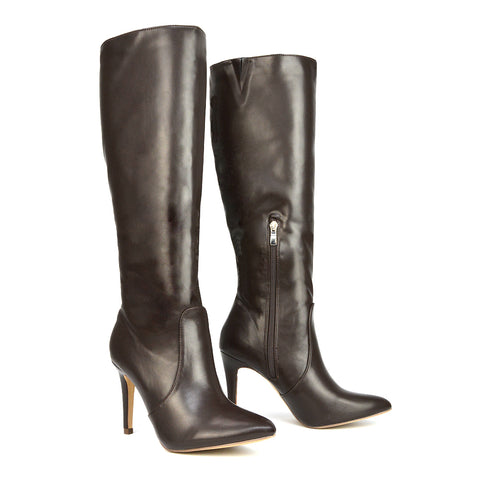 Bree Pointed Toe Zip-up Stiletto Heel Knee High Boots in Black Synthetic Leather