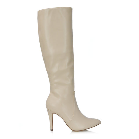 Bree Pointed Toe Zip-up Stiletto Heel Knee High Boots in White Synthetic Leather