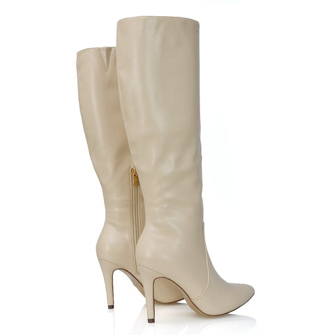 Bree Pointed Toe Zip-up Stiletto Heel Knee High Boots in White Synthetic Leather