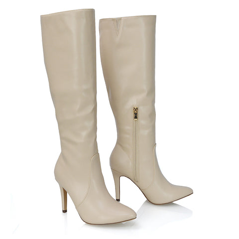 Bree Pointed Toe Zip-up Stiletto Heel Knee High Boots in White Synthetic Leather