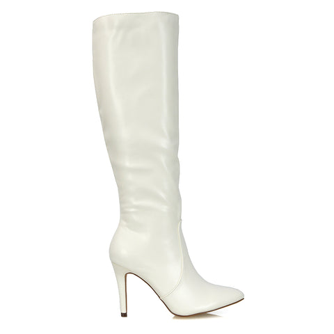 Bree Pointed Toe Zip-up Stiletto Heel Knee High Boots in White Synthetic Leather